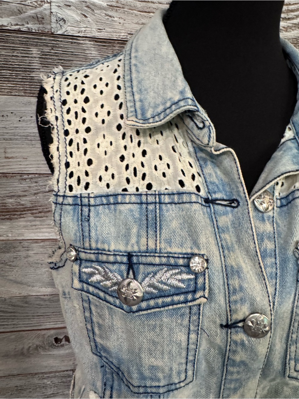 Miss Me Light Wash Vintage Look Denim Vest with Lace Trim - Picture 2 of 4